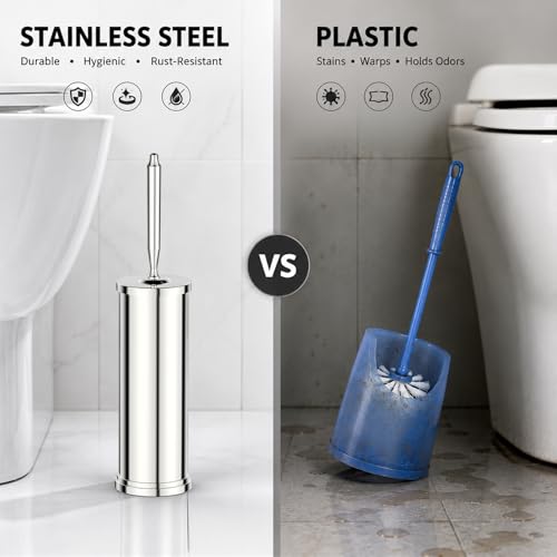 Stainless Steel Toilet Bowl Brush and Holder Set Scrubber Chrome | Weighted Stable Base Removable Inner Tube Toilet Bowl Brush Splash-Proof Design for Deep Cleaning Space Saving Storage - color: Chrome
