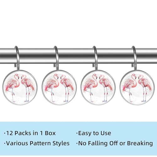 Pink Flamingo Shower Curtain Hooks Set of 12 | Bathroom Decor Rustproof Metal Decorative Shower Hooks Rings for Curtains Rods