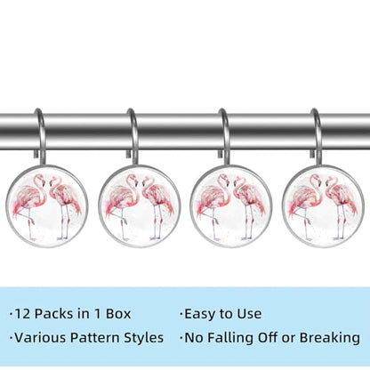 Pink Flamingo Shower Curtain Hooks Set of 12 | Bathroom Decor Rustproof Metal Decorative Shower Hooks Rings for Curtains Rods