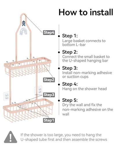 Never Rust Shower Caddy Hanging, Aluminum Shower Racks for Inside Shower, 2-Tier Shower Organizer Hanging Over Shower Head with Hooks and Soap Holder, Rose Gold - color: Rose Gold