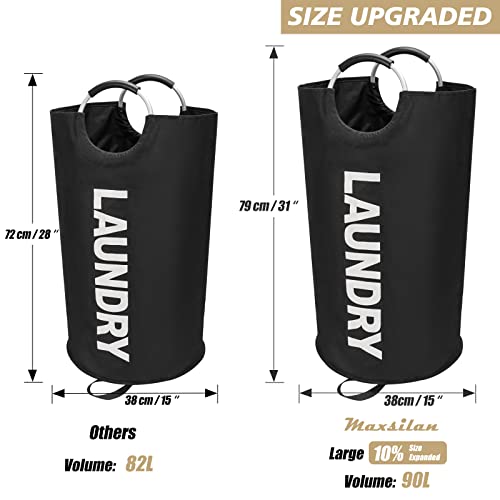 Maxsilan 90L Large Laundry Basket Bag, Collapsible Tall Hamper, Black | Freestanding tall laundry bag & foldable washing basket. Large capacity clothes storage bin with durable sturdy handles - color: Black, size: 90L