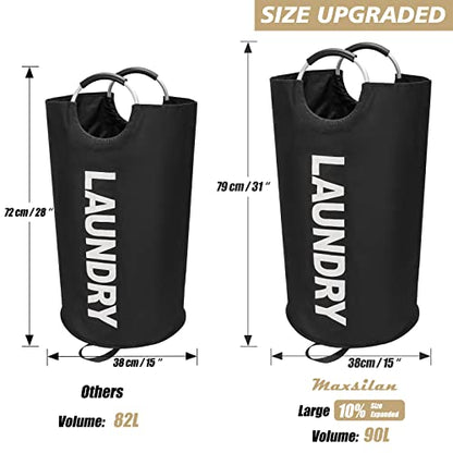 Maxsilan 90L Large Laundry Basket Bag, Collapsible Tall Hamper, Black | Freestanding tall laundry bag & foldable washing basket. Large capacity clothes storage bin with durable sturdy handles - color: Black, size: 90L