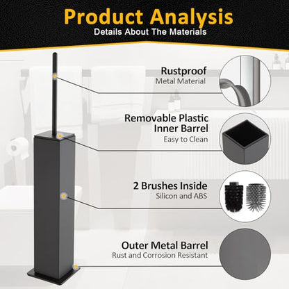 Toilet Brush and Holder Floor Standing, Gun Gray with 2 Replaceable Heads, Bathroom Toilet Brush, Freestanding Toilet Bowl Brush with Removable Liner and Splash Guard, Modern Square Design - color: Gun Gray-standing