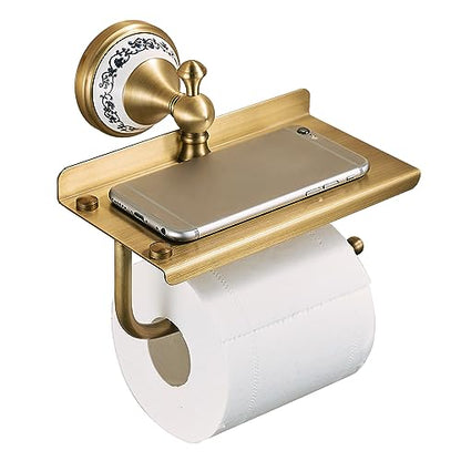 Toilet Paper Holder with Phone Shelf, Bathroom Toilet Paper Roll Holder Antique Bronze Brass Wall Mounted Bathroom Hardware Accessories,Porcelain Design - color: Toilet Paper Holder With Shelf