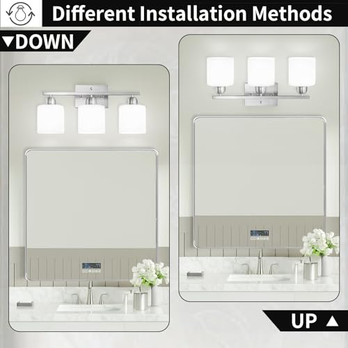 Brushed Nickel Bathroom Light Fixture, Anti-Rust Finish 3 Light Vanity Lights for Bathroom, Bath Lights with Milky White Frosted Glass Shades, E26 Socket - color: Nickel & Milky White Glass, size: 3-Light
