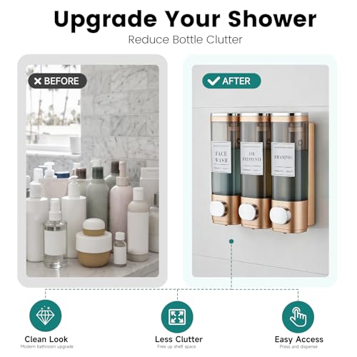Wall Mounted Shower Soap Dispenser 3 Chamber,No Drill Shower Dispenser | Shampoo and Conditioner Dispenser for Bathroom Hotel Large Capacity, Gold - color: 3gold