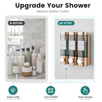 Wall Mounted Shower Soap Dispenser 3 Chamber,No Drill Shower Dispenser | Shampoo and Conditioner Dispenser for Bathroom Hotel Large Capacity, Gold - color: 3gold
