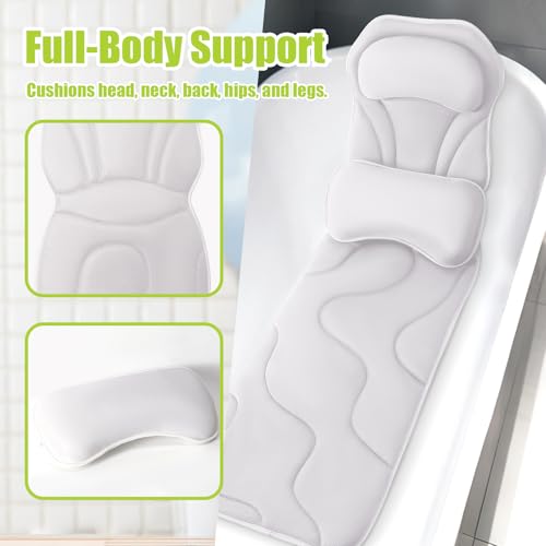 Full Body Bath Pillow for Tub - Extra Long & Thick Tub Pillow | Head, Back & Lumbar Support, 168 Non-Slip Suction Cups, Soft 5D Mesh Spa Cushion, Fits All Tubs-Gift for Soaking(White) - color: White