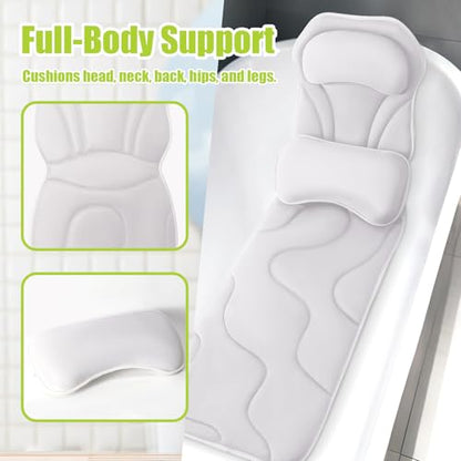 Full Body Bath Pillow for Tub - Extra Long & Thick Tub Pillow | Head, Back & Lumbar Support, 168 Non-Slip Suction Cups, Soft 5D Mesh Spa Cushion, Fits All Tubs-Gift for Soaking(White) - color: White