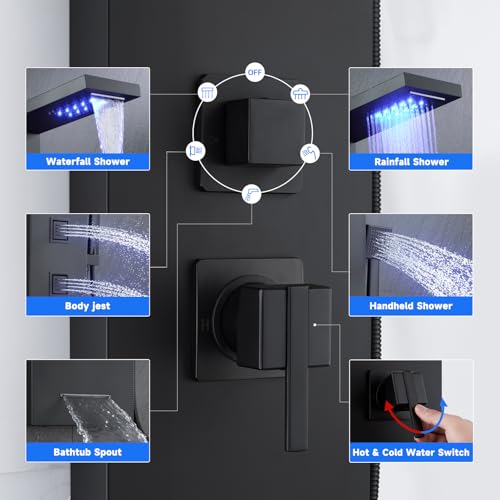 5-in-1 LED Shower Panel Tower System Stainless Steel Matte Black | Rainfall + waterfall heads | Body jets | Handheld shower | Tub spout | LED lights | Wall mount - color: Matte Black