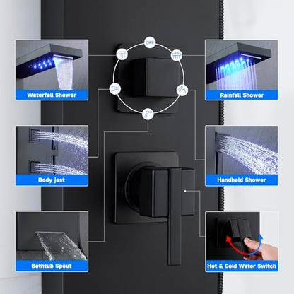 5-in-1 LED Shower Panel Tower System Stainless Steel Matte Black | Rainfall + waterfall heads | Body jets | Handheld shower | Tub spout | LED lights | Wall mount - color: Matte Black