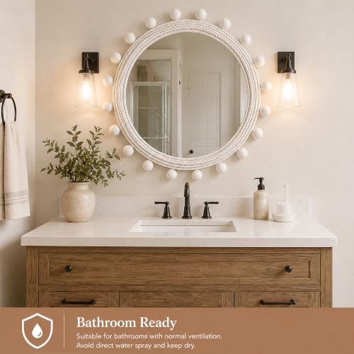 30" Round Rope Wall Mirror with 2 in Whitewashed Wood Beads | Soft white coastal farmhouse style, handwoven cotton rope frame for entryway, living room, bedroom, bathroom, powder room.