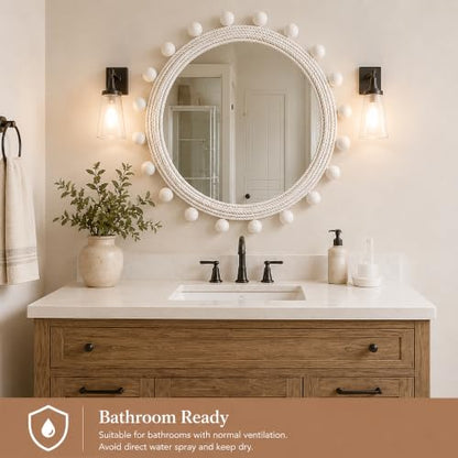 30" Round Rope Wall Mirror with 2 in Whitewashed Wood Beads | Soft white coastal farmhouse style, handwoven cotton rope frame for entryway, living room, bedroom, bathroom, powder room.