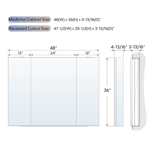 48" x 36" Bathroom Medicine Cabinet with Mirror, Anodized Chrome Aluminum Frame, Surface Mount or Recessed Medicine Cabinet with Mirror, Bathroom Mirror with Storage, Three Doors - size: 48"x36"-A