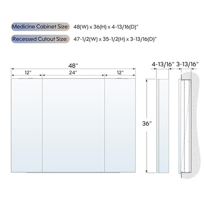 48" x 36" Bathroom Medicine Cabinet with Mirror, Anodized Chrome Aluminum Frame, Surface Mount or Recessed Medicine Cabinet with Mirror, Bathroom Mirror with Storage, Three Doors - size: 48"x36"-A