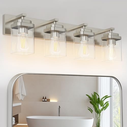 Brushed Nickel Bathroom Light Fixtures, 4 Lights Bathroom Lighting Fixtures Over Mirror, Square Design & Rectangle Large Backplate, Modern Vanity Lighting Fixtures, for Living Room/Bedroom - color: Brushed Nickel, size: 4-Light, 30" L