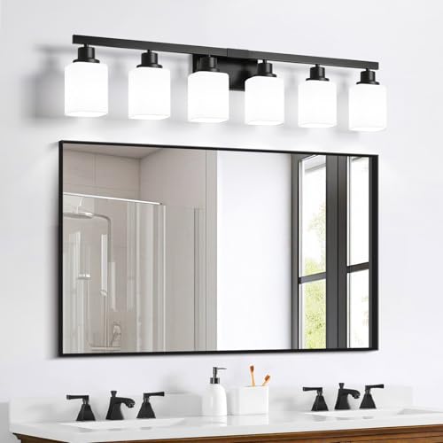 6 Light Bathroom Vanity Light, Modern Matte Black Bathroom Light Fixtures with Square Frosted Glass, Wall Sconces fixtures Over Mirror Restroom,Living Room Hallway E26 - color: Black, size: 6-Light