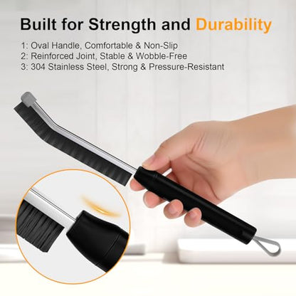 Crevice Cleaning Brush 3 Pack, Stainless Steel Bristle Support Rod, Rust-Resistant & Durable, Rounded Protective Head, Stiff Bristles for Tile Grout, Bathroom Gaps & Window Groove Brushes