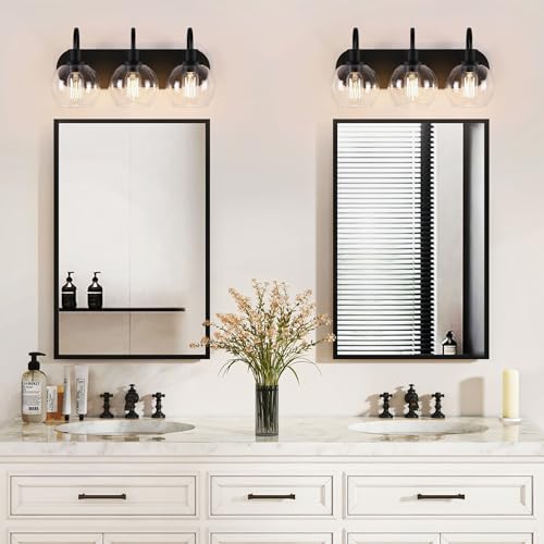 Dpyrrhic Bathroom Vanity Light,Modern 3-Light Bathroom Lighting Fixtures Over Mirror with Clear Glass Shade and Metal Base,Matte Black Bathroom Lighting - color: Black, size: 3-Light