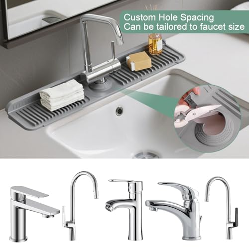 24 Inch Upgraded Draining Mat Folding Faucet Mat for kitchen sink Faucet Draining Mat with Button Lock Silicone Splash Guard faucet Pad for Kitchen Bathroom Bar(Grey) - color: Gray