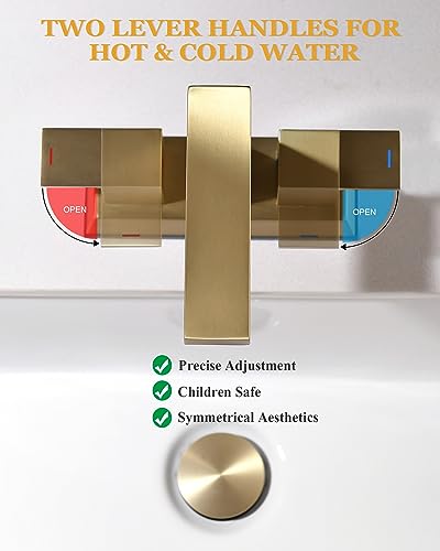 Tohlar Brushed Gold 2 Handle 4 Inch Centerset Bathroom Faucet with Pop Up Drain and 2 Lead-Free Hoses - color: Brushed Gold
