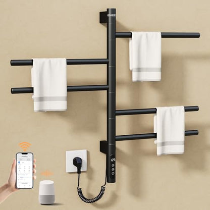 Smart Rotating Heated Towel Rack, 5-Bar, Matte Black | Wall-Mounted Electric Towel Warmer, Swivel Bars, Wi-Fi App Control, 24H Timer, Stainless Steel - color: Black 16.34"x26.77"