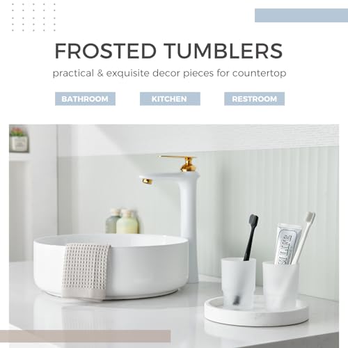 Aomasi Glass Tumbler Cups for Bathroom Sink, 2 Pack, Modern Frosted White | Thickened Substantial Glass, Bathroom Toothbrush Holder for Daily Drinking Water, Easy to Clean, Cabinet Small Items Storage - color: Frosted White