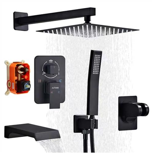 Shower Faucet Set Complete, Shower System Black with 12 inch Square Rainfall Shower Head 3-Function Handheld Shower Waterfall Bathtub Spout Rain Shower Combo Bathroom Wall Mounted fit All Valve Types - style: 12inch-with tub spout