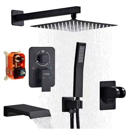 Shower Faucet Set Complete, Shower System Black with 10 inch Square Rainfall Shower Head 3-Function Handheld Shower Waterfall Bathtub Spout Rain Shower Combo Mounted Bathroom Wall fit All Valve Types - style: 10inch-with tub spout