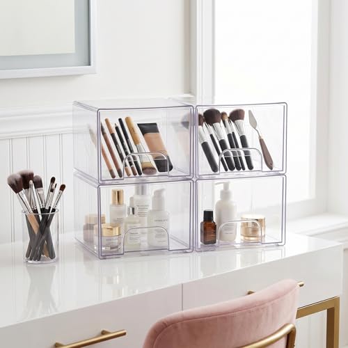 4 Pack Small Clear Stackable Storage Drawers | Acrylic Bathroom Makeup Organizer Plastic Storage Bins For Vanity Undersink Kitchen Cabinets Pantry Home Organization