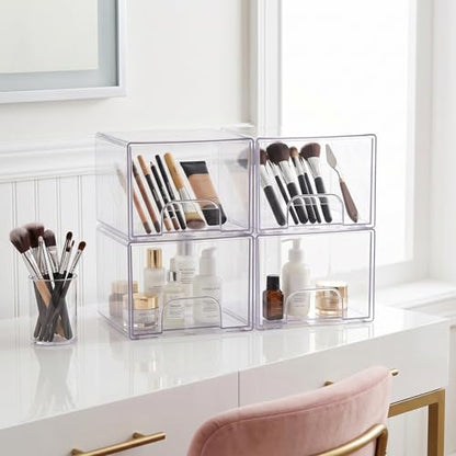 4 Pack Small Clear Stackable Storage Drawers | Acrylic Bathroom Makeup Organizer Plastic Storage Bins For Vanity Undersink Kitchen Cabinets Pantry Home Organization