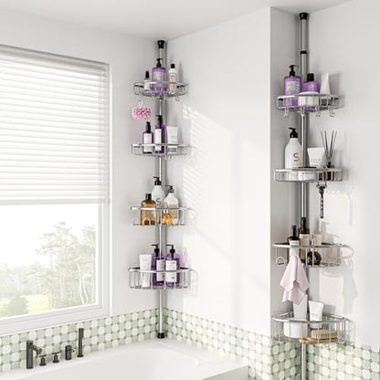 Corner Shower Caddy Tension Pole: Stainless Steel Rustproof 4-Tier Shower Organizer - 47-121 inch Adjustable Bathroom Shelves for Bathtub Shampoo Storage - Tension Rod Floor Standing Bath Rack - style: A Style-Silver