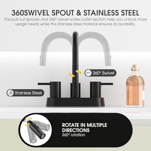 Stainless Steel Matte Black Bathroom Faucet with Pull Out Sprayer, Black Dual-Function Spout Bathroom Sink Faucet, 4 Inch Two Handle Utility Sink Faucet with Sprayer 3 Hole, Pet Shower, RVs - color: Matte Black