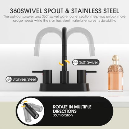 Stainless Steel Matte Black Bathroom Faucet with Pull Out Sprayer, Black Dual-Function Spout Bathroom Sink Faucet, 4 Inch Two Handle Utility Sink Faucet with Sprayer 3 Hole, Pet Shower, RVs - color: Matte Black
