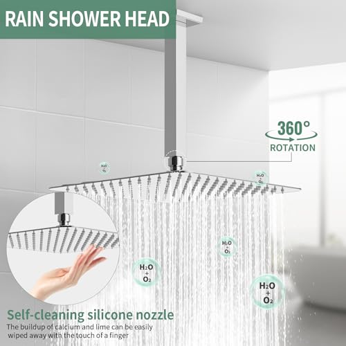 SunCleanse Rainfall Shower Faucet Set with High Pressure in Polished Chrome | Ceiling mounted shower combo set featuring a 12" square rain head, handheld spray, and rough-in mixer valve with trim. - color: Polished Chrome, style: 12-ceiling