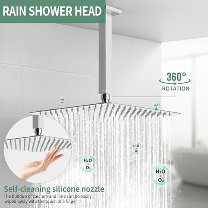 SunCleanse Rainfall Shower Faucet Set with High Pressure in Polished Chrome | Ceiling mounted shower combo set featuring a 12" square rain head, handheld spray, and rough-in mixer valve with trim. - color: Polished Chrome, style: 12-ceiling