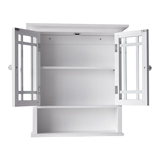 Teamson Home Neal Wooden Over The Toilet Bathroom Removable Wall Medicine Cabinet with 1 Fixed and 1 Adjustable Shelf 3 Storage Spaces 2 Glass Mosaic Doors and Crystal-Cut Acrylic Knobs, White | Detachable Over the Toilet Storage, Two Doors, Adjustable Sh