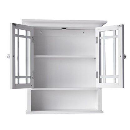 Teamson Home Neal Wooden Over The Toilet Bathroom Removable Wall Medicine Cabinet with 1 Fixed and 1 Adjustable Shelf 3 Storage Spaces 2 Glass Mosaic Doors and Crystal-Cut Acrylic Knobs, White | Detachable Over the Toilet Storage, Two Doors, Adjustable Sh