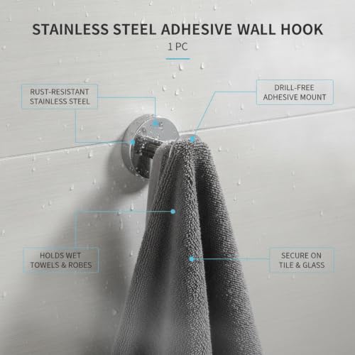 Wall Hook Stainless Steel Adhesive Mount for Bathroom Tile and Glass, Drill-Free Holder for Wet Towels and Robes (1 Piece) - size: 1.93 x 1.97 x 1.38 in