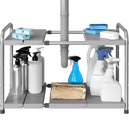 Simple Houseware Under Sink 2-Tier Heavy Duty Expandable Organizer, Silver | Adjustable Width 15.75–25 Inches with 4 Shelf Height Levels - color: Silver