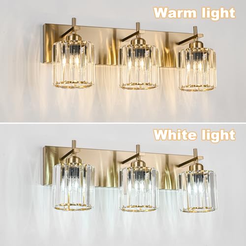 Modern Crystal Bathroom Vanity Lights, Gold 3-Lights Bathroom Light Fixtures Over Mirror, Crystal Wall Lighting with Polished Brass Finish - color: Gold-Round Shade, size: 3-Light