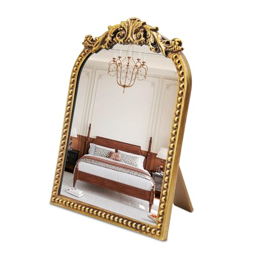 Vintage Makeup Mirror with Stand : 12.1"x9.8" Arched Antique Gold Vanity Mirror for Dresser - Baroque Standing Tabletop Ornate Decor for Desk/Living Room/Bedroom - color: Gold