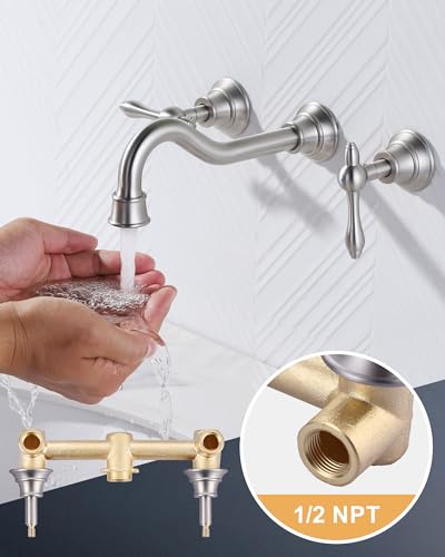 2-Handle Bathroom Faucet Brushed Nickel: WOWOW Wall Mount Bathroom Sink Faucets Brass and Rough-in Valve Included, 8 Inch Lavatory Faucet 3 Hole Antique Tap - color: Brushed Nickel