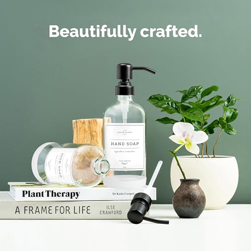 Vine Creations Clear Glass Soap Dispenser, 2 Pack Kitchen Soap Dispenser Set with Stainless Steel Pump, 16 oz Dish Soap and Hand Soap Dispensers for Bathroom with Waterproof Labels - color: Clear Bottle / Matte Black Pump