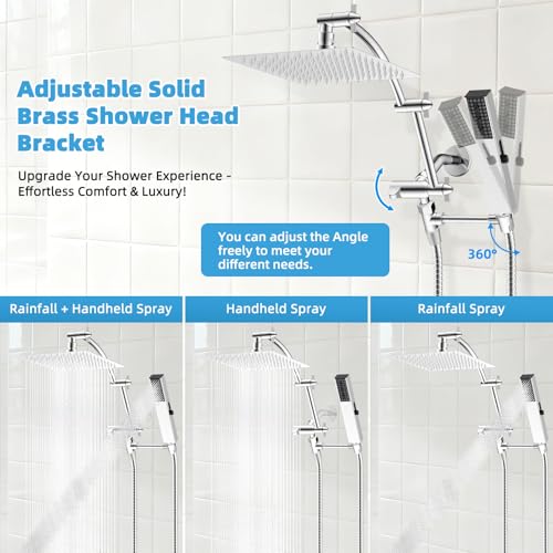 Hibbent All Metal CUPC Certified 8'' Rainfall Shower Head, Dual Shower Head Combo with 4 Handheld Sprays, High Pressure Shower Wand, 16'' Adjustable Extension Arm, 71'' Hose, Shower Holder, Chrome - color: Chrome, style: Square 8''