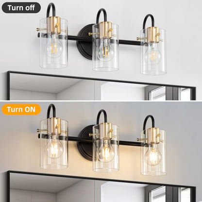 3 Light Bathroom Vanity Light, Black and Gold Bathroom Wall Light Fixtures with Clear Glass Shade, Modern Wall Sconces Wall Lamp Over Mirror Kitchen Living Room Bedroom Hallway Cabinet - color: Black Gold