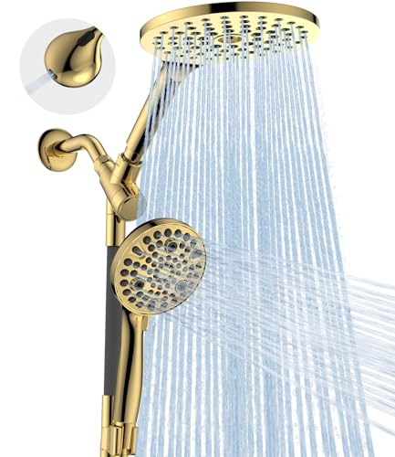 Dual Handheld Shower Head Combo, 2-in-1 Rain Shower Heads System 8 Inch Rainfall Shower Head and 10 Modes High Pressure Hand Held Showerhead with Built-in Power Wash - color: Gold, size: 8 Inch Standard
