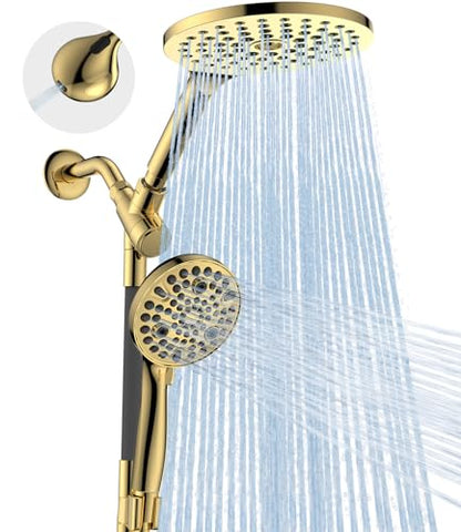 Dual Handheld Shower Head Combo, 2-in-1 Rain Shower Heads System 8 Inch Rainfall Shower Head and 10 Modes High Pressure Hand Held Showerhead with Built-in Power Wash - color: Gold, size: 8 Inch Standard
