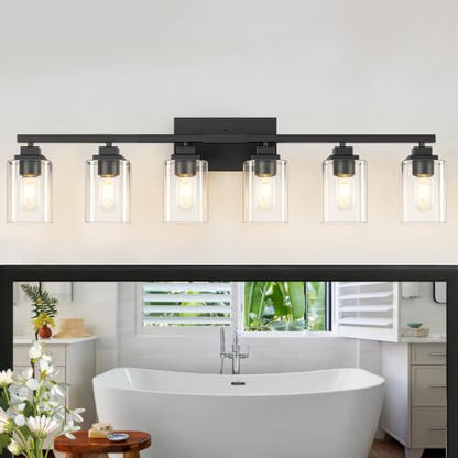 Matte Black Bathroom Vanity Light, 6-Light Modern Vanity Lighting Fixtures Over Mirror with Clear Glass Shade,Square Design,Wall Sconces for Living Room Cabinet Bedroom,E26 Socket - size: 6-Light
