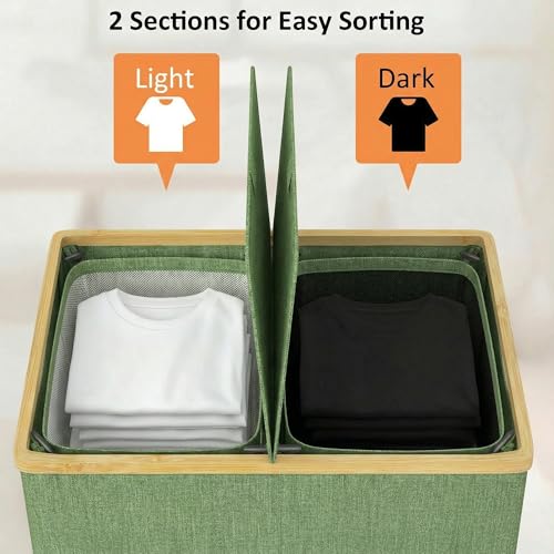 efluky Laundry Hamper with Lid, Double Laundry Basket with 2 Removable Bags, 2 Section Laundry Bin with Bamboo Handles for Bathroom, Bedroom & Laundry Room, 140L (36.9 Gallon) Sage Green - color: Sage Green, size: 140L Dual